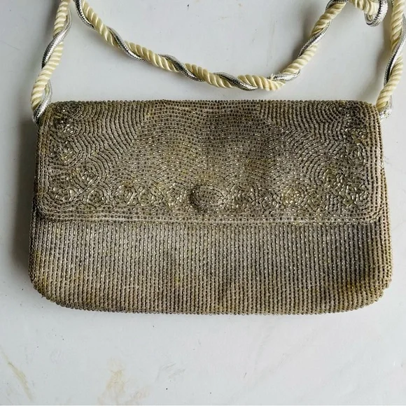 Vintage "RICHERE" Beaded Purse Evening Bag Silver Gold 1960's Hand Made in Japan - Picture 2 of 16